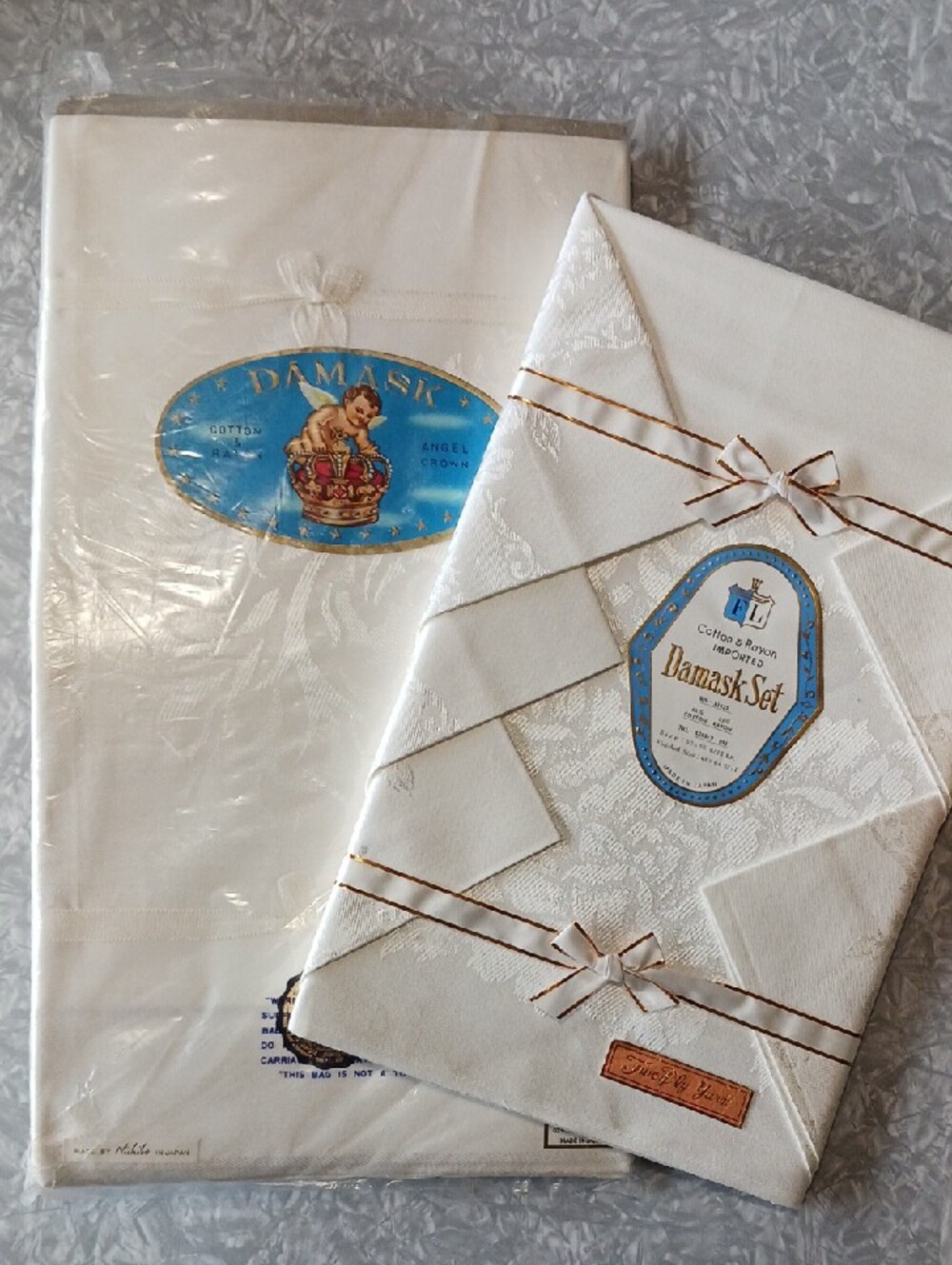 Vintage~ 2 Damask Table Linen Sets - ivory color